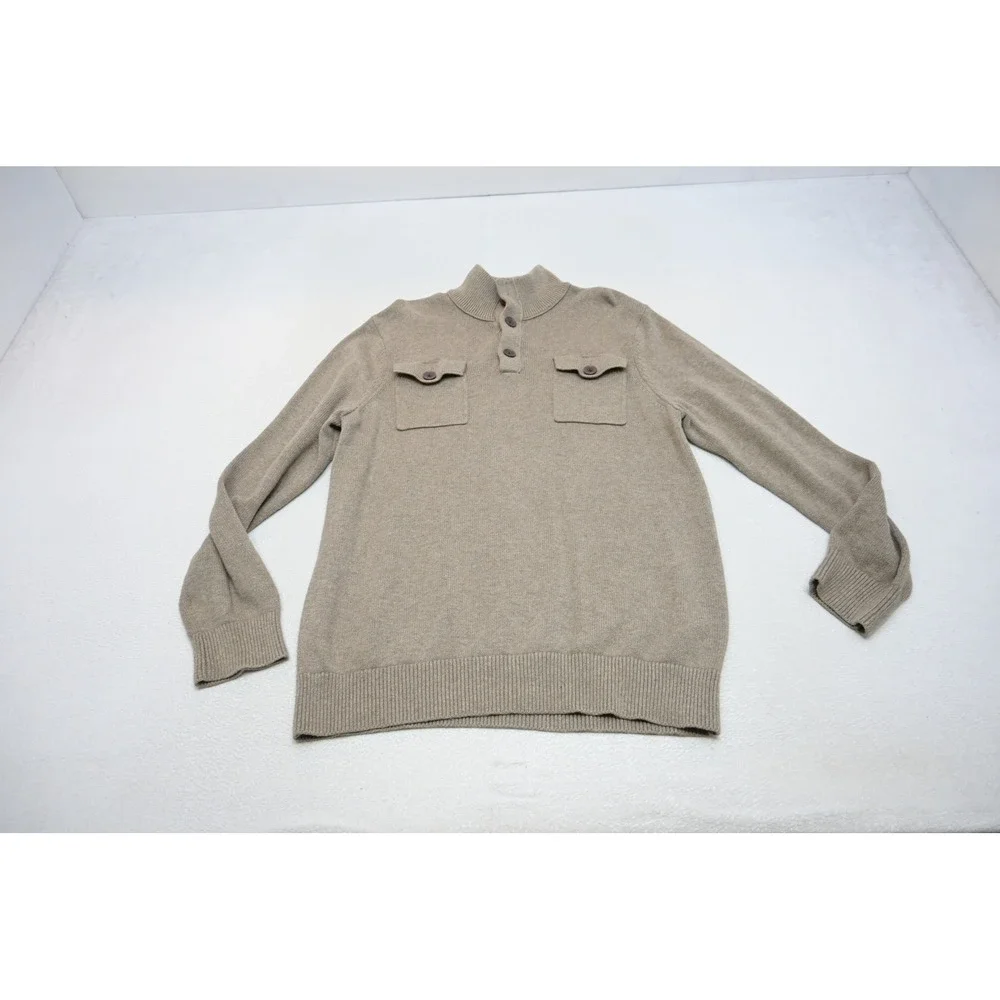 Banana Republic Sweater Men Large Tan Beige Mock Neck Button Up Pockets EUC